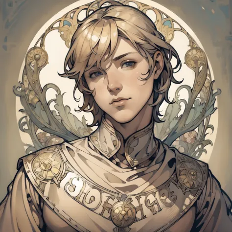((Detailed face)),((Mucha's style)),(portrait),((muscular male)),blond hair,short hair,(Medieval  male soldier),(Mucha in the ba...