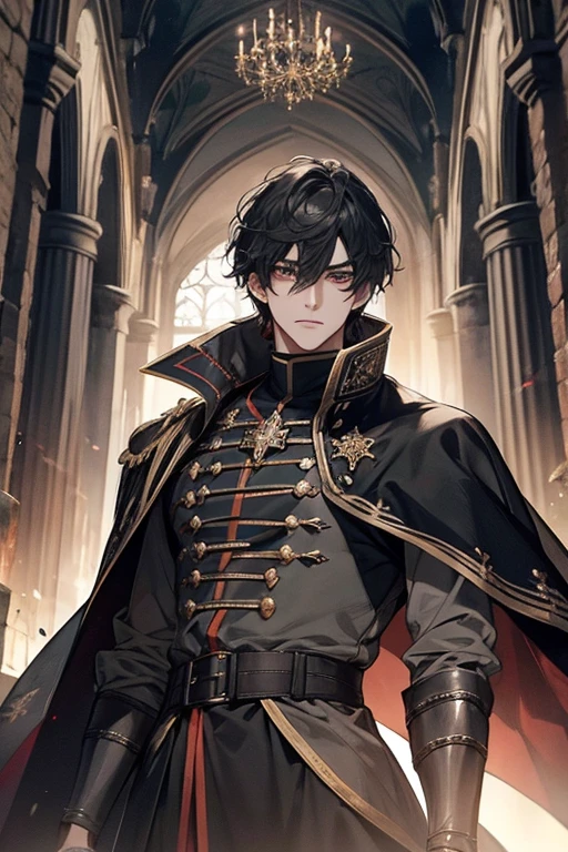 1 men, short black messy hair with bangs, bonitas, blood red eyes, detailedeyes, comely, tall and thin body, condescending, haughty, royaltly, tyrannical ruler, wearing black, medieval fantasy, darksouls, thron