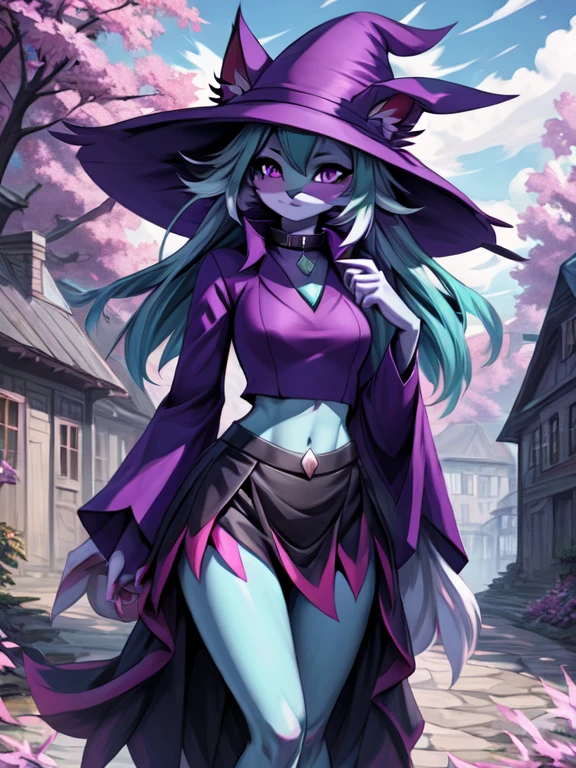 Gehalt, anthro, Allein, weiblich, tall slim body, wears a purple wizard hat, spiky purple cat ears with white tips, lila Augen, purple crop top with collar and long sleeves, black flowing skirt, bare legs, turquoise furry body, white feet paws, schwarze Katzennase, cute cat snout, turquoise hair, Stehen, Grastal, detailed background, hoher Kragen, Jitome, ausdruckslos, von fumiko, von hyattlen, by hioshiru, detailed, High resolution