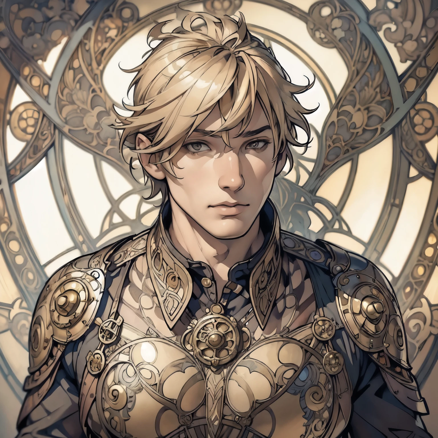 ((Detailed face)),((Mucha's style)),(portrait),((muscular male)),blond hair,short hair,Wearing steampunk armour(Medieval  male soldier),(Mucha in the background),(high position:1.8)

