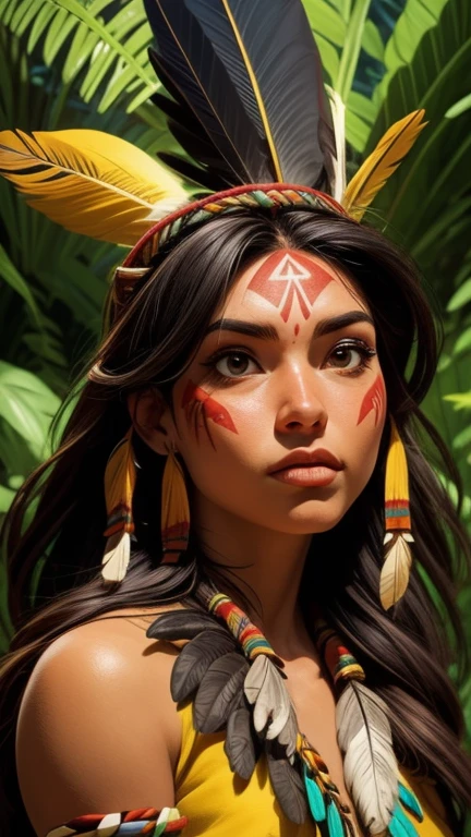 Arte em quadrinhos, pintura digital. A beautiful indigenous girl in native with feathers and feathers on her head, Amazonian indigenous peoples in Brazil, linda jovem feminina brasileira nativa, pintar o rosto, corpo quente, Yanomami Indian in typical costumes,alta qualidade. Amazon rainforest and river bottom. cores vivas, cinematic lighting. detalhado, intricado, detalhado face.