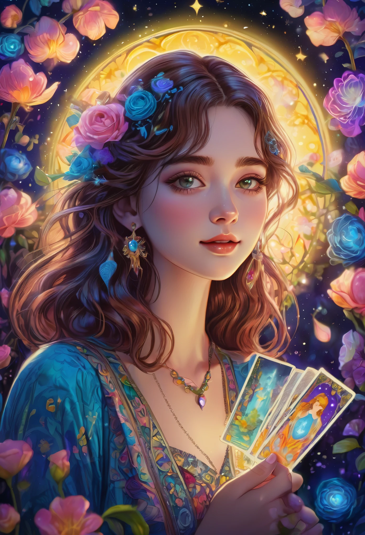 Tarot Cards, beautiful, a girl reading Tarot Cards,Smiling Girl,Beautiful fine details,Detailed lips,Tarot Cards,Ancient Tarot Decks,illustrated Tarot Cards,Vibrant colors,Mysterious atmosphere,Magic Garden,Flowers Bloom,moonlight,Night Sky,Soft glow,Artistic Oil Painting,High-resolution images,(masterpiece:1.2),Very detailed,Realistic,Bokeh