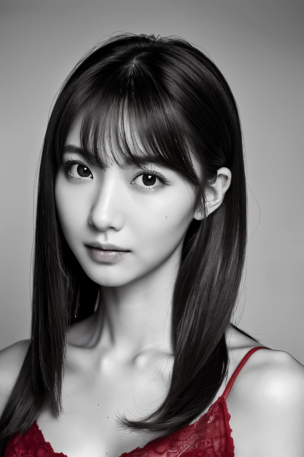 masterpiece, highest quality, Photoreal, Super detailed, High resolution, 8K wallpaper, ((monochrome photography)), 1 girl, Skinny Japanese woman, (((facing the front))), ((Only the lips are in red)), (monochrome photography), brown hair, detailed clavicle, cleavage, perfect face, straight hair, ((look straight at the camera))