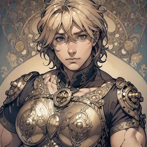 ((Detailed face)),((Mucha's style)),(portrait),((muscular male)),blond hair,short hair,Wearing steampunk armour(Medieval  male s...