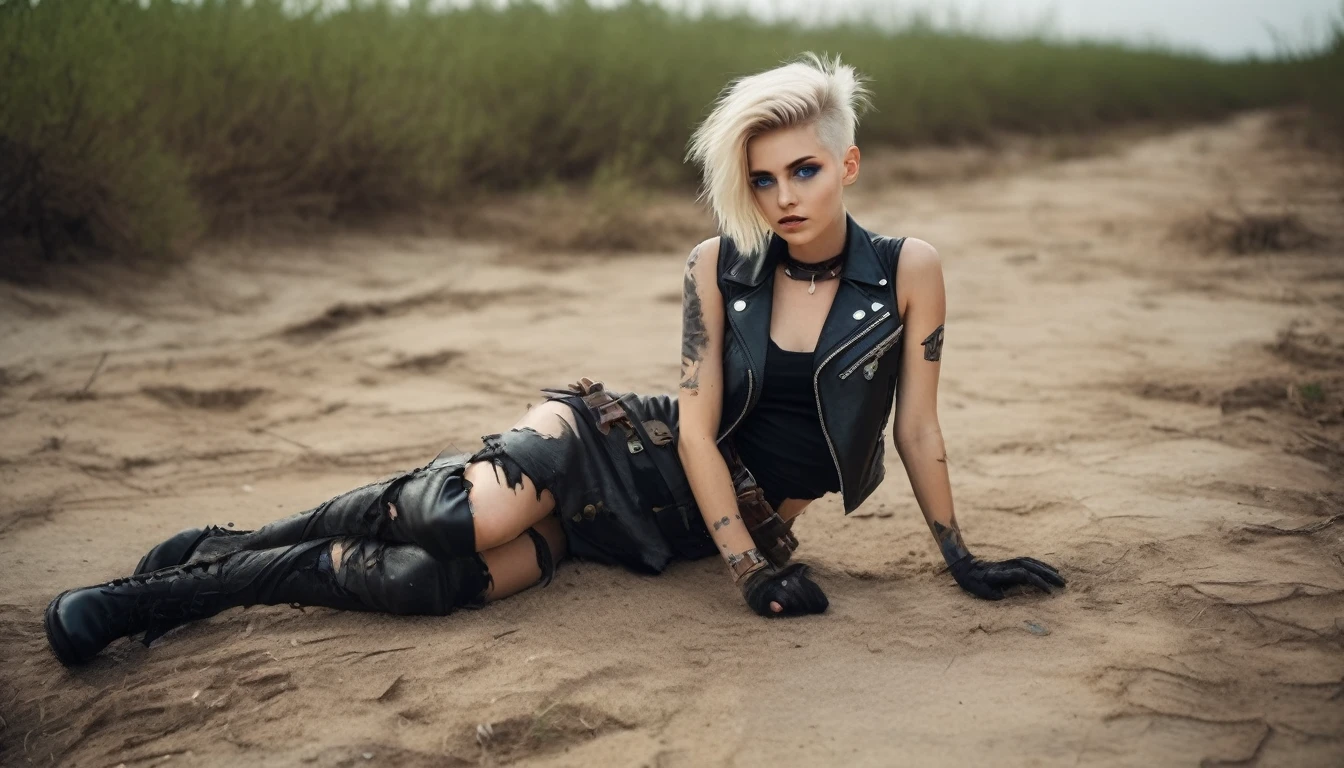 A young zombie girl laying on her back in an apokalyptic wasteland facing the viewer, right arm resting on her waist, left arm resting on the ground, short platin blonde undercut haircut, strong articulated tanlines, full slightly smiling lips, stupsige Nase. bright blue eyes. thin eyebrows, tiny breast, spread legs, freundlich, worn and torn black leather vest laying behind her as well as her ripped short cutoff black leather skirt, very short socks