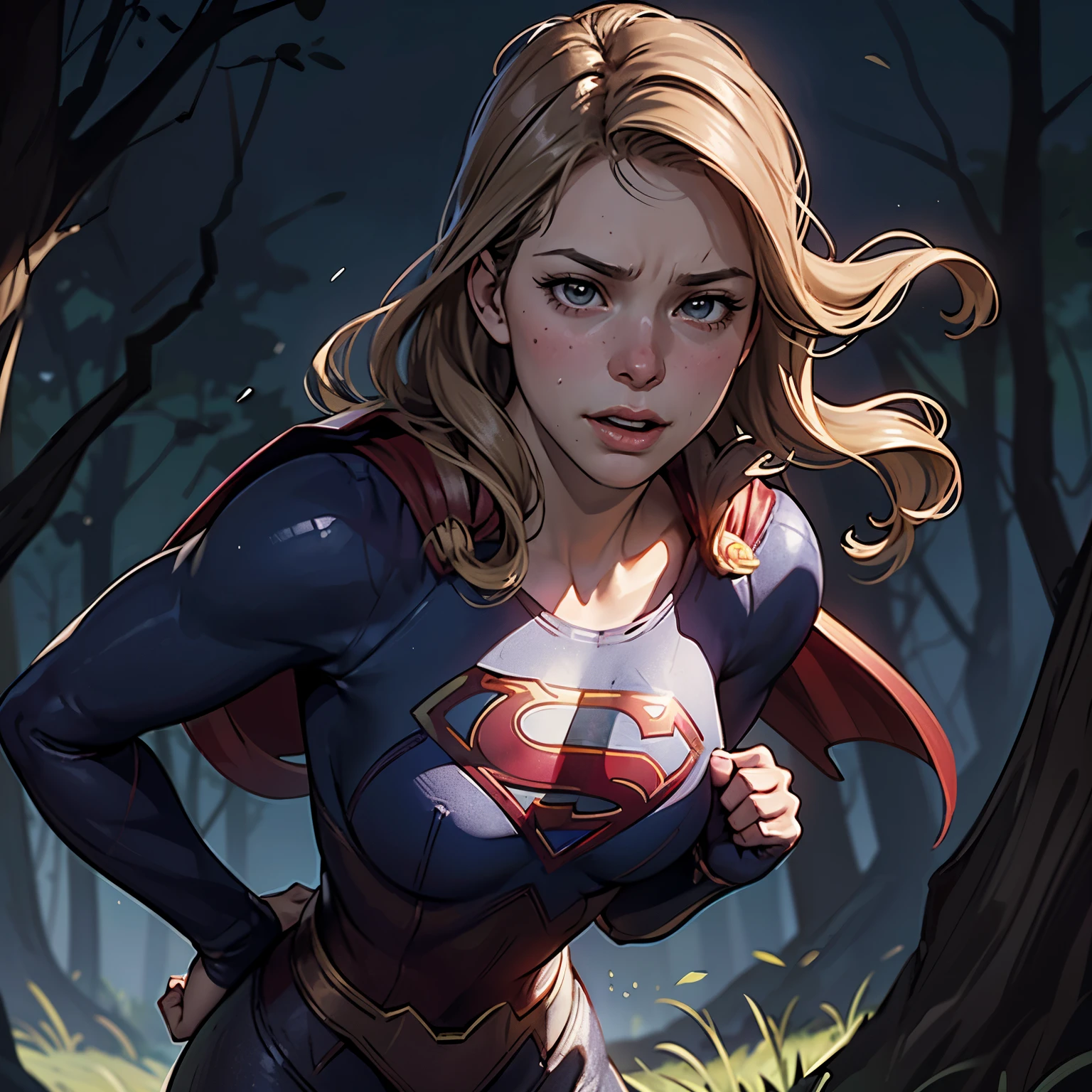 ((highest quality)), ((masterpiece)), (be familiar with), (High definition), (Realistic), (Realistic), (Best Shadow), Low contrast, (Complex:1.4), Side lighting, 8K, ((melissa Benoist)), ((SUPER GIRL)), Perfect Face、Detailed、(Accurate hand and finger depiction)、Supergirl Women、Blonde、Voluptuous body、(Large Breasts)、Narrow waist、(Big Ass)、Alluring、glamorous、((Putting a hand to your mouth))、(Shame:1.2)、(Embarrassed expression:1.3)、Flushing、sweating、On the grass、in the deep forest、blue sky、(Close-up of face:1.4)