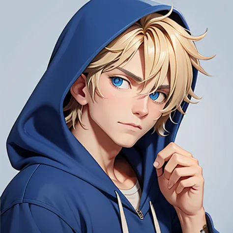 human male, blonde messy  hair , wearing blue hoodie , wearing bandage