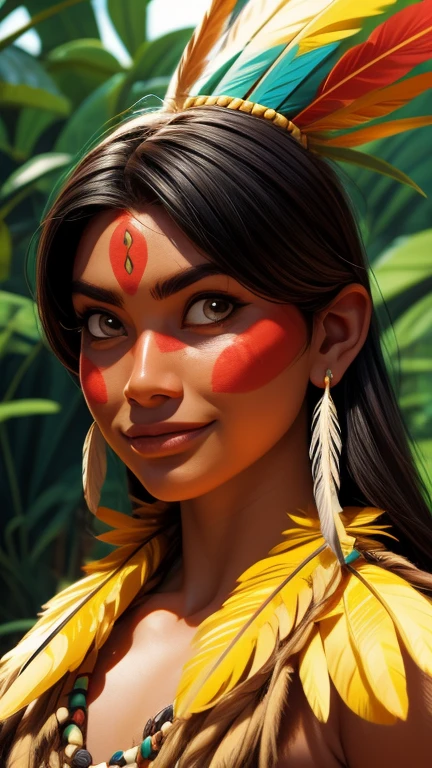 Arte em quadrinhos, pintura digital. (((imagem solo))),beautiful native indian girl with feathers and feathers on her head, rosto lindo, shy smile,olhando para o observador,Amazonian indigenous peoples in Brazil, linda jovem feminina brasileira nativa, pintar o rosto, corpo quente, Yanomami Indian in typical costumes,alta qualidade. Amazon rainforest and river bottom. cores vivas, cinematic lighting. detalhado, intricado, detalhado face.