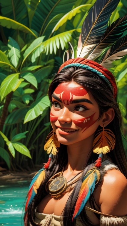 Arte em quadrinhos, pintura digital. (((imagem solo))),beautiful native indian girl with feathers and feathers on her head, rosto lindo, shy smile,olhando para o observador,Amazonian indigenous peoples in Brazil, linda jovem feminina brasileira nativa, pintar o rosto, corpo quente, Yanomami Indian in typical costumes,alta qualidade. Amazon rainforest and river bottom. cores vivas, cinematic lighting. detalhado, intricado, detalhado face.