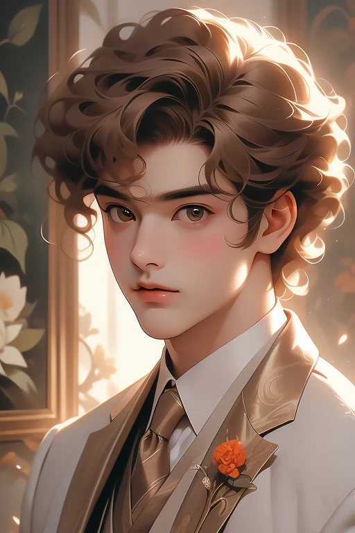 masterpiece, best quality, realistic, 1man, mature male, quiet and charming young man, 28 years old, adorable, closed mouth, portrait, extremely detailed face, soft smile, ((dark amber eyes)), ((short-sides-swept curly light brown hair)), [thick eyebrows], living-room, ((white suit))