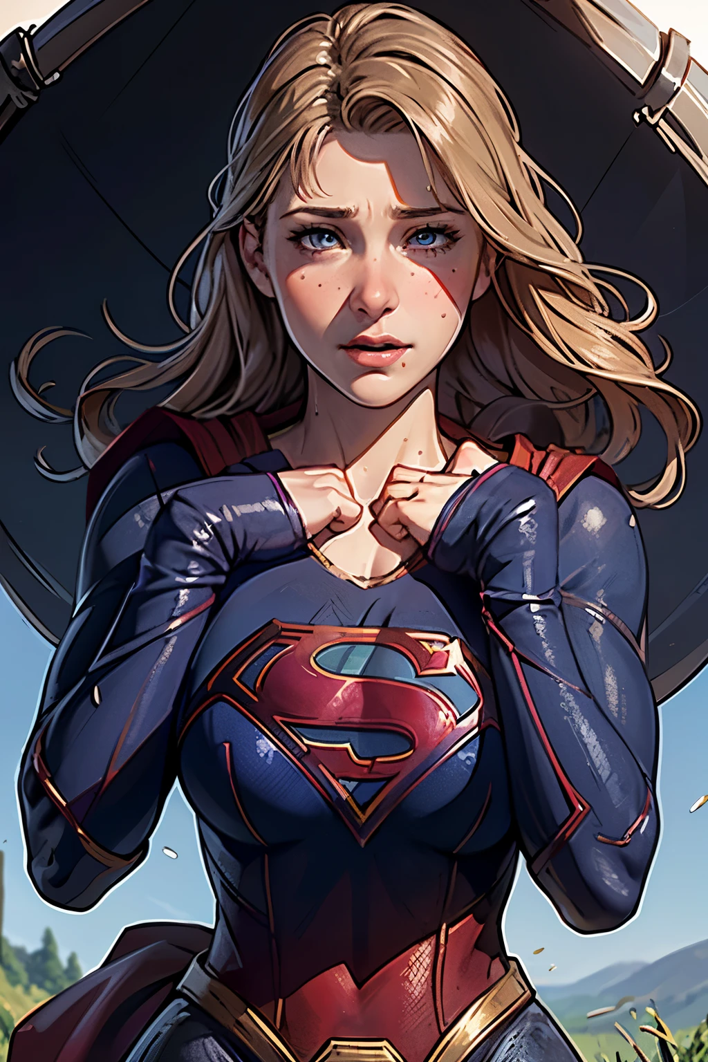 ((highest quality)), ((masterpiece)), (be familiar with), (High definition), (Realistic), (Realistic), (Best Shadow), Low contrast, (Complex:1.4), Side lighting, 8K, ((melissa Benoist)), ((SUPER GIRL)), Perfect Face、Detailed、(Accurate hand and finger depiction)、Supergirl Women、Blonde、Voluptuous body、(Large Breasts)、Narrow waist、(Big Ass)、Alluring、glamorous、((Putting a hand to your mouth))、((Eyes are distracted))、(Shame:1.2)、(Embarrassed expression:1.5)、Flushing、sweating、On the grass、in the deep forest、blue sky、(Close-up of face:1.8)