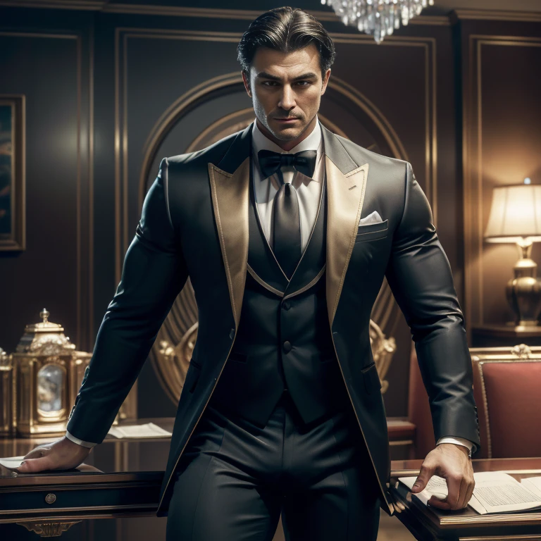 masterpiece, MOVIE POSTER, best quality, high resolution,(1man, solo, male) ((HALF BODY POSE)) (DETAILED EYES) (HANDSOME MUSCULAR MEN) ((CRYSTALINE)) (NEOTECH) ((WEARING SEXY TUXEDO) (TIGHT PANTS) (LUXURY CLOTHES)) ((BIG BULGE )) (RED THEME COLOR) ((BANKER KING)) | A sophisticated banker in a modern office, surrounded by the trappings of wealth and finance. Dressed in a sharp business suit, the character exudes confidence and control. The office environment includes sleek furniture, high-tech gadgets, and the subtle glow of financial success. The scene captures the essence of a powerful figure in the world of finance.  | (((WEAR UNDERWEAR))) (((GIANT MUSCULAR BODY))) (((MASSIVE GIANT BULGE))) showcasing their physique with (SEXY POSE) male focus ON  bulge, solo focus, muscular, male, a man, VOLUMETRIC LIGHTNING, DEEP OF FIELD, amazing composition, front view, HDR, volumetric lighting, ultra quality, elegant, highly detailed, PSD, Sharp Focus, High resolution 8K, realistic & Professional Photography, 8K UHD, Soft lighting, High quality, Film grain, FujifilmXT3,high-quality, ultra-detailed illustrations, ultra-high resolution, (high resolution, overwhelmingly pixel-perfect, luxurious illustration), (Ultra Quality, Masterpiece, Ethereal:1.4) photorealistic:.1.4, UHD (8k, RAW photo, best quality, masterpiece:1.2),(realistic, photo-realistic:1.37)