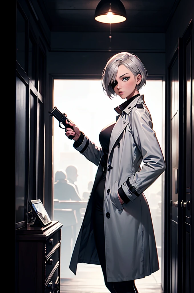 imagined a cartoon sexy milf detective woman  whit short silver hair who ad a eye patch on her left eye in a trench coat holding a revolver in 1950 black and white thriller movie, 50's, retro, spy movie, world war 2, front pose