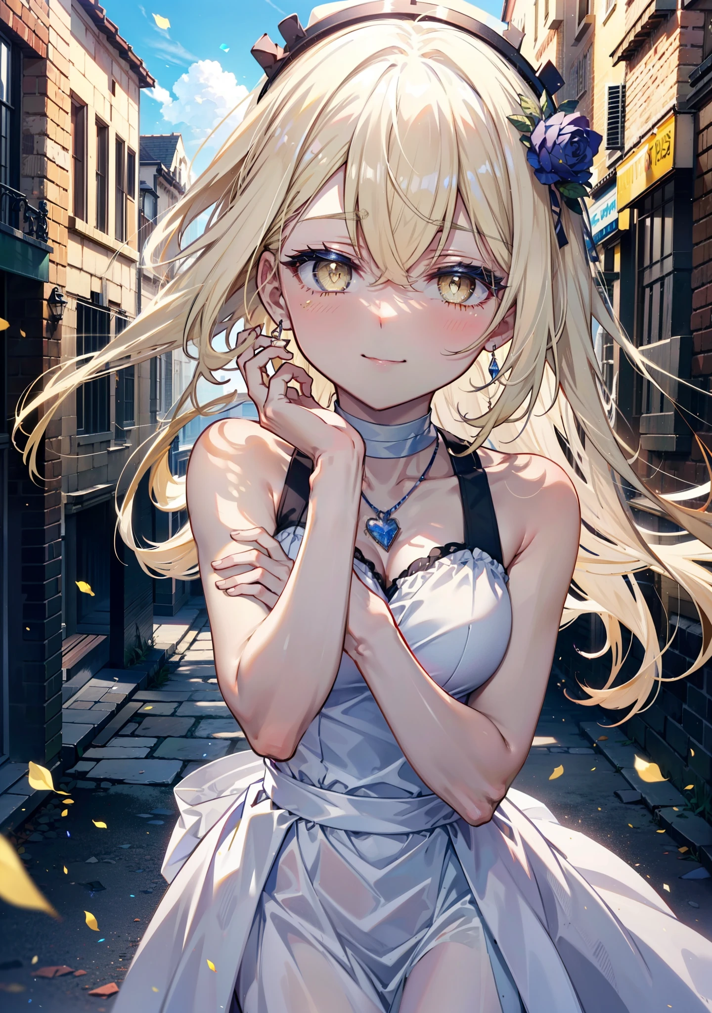 アイスWallenstein, Wallenstein, blonde, Hair between the eyes, hair band, Long Hair, (Yellow Eyes:1.5),happy smile, smile, Close your mouth,smile,blush,White sleeveless dress,Bare arms,Bare neck,Heart Pendant,Long skirt,Cute Sandals,Clear skies,歩いてるbreak looking at viewer,(Cowboy Shot:1. 5) break outdoors,Building district,In town, break (masterpiece:1.2), highest quality, High resolution, unity 8k wallpaper, (shape:0.8), (Beautiful and beautiful eyes:1.6), Highly detailed face, Perfect lighting, Highly detailed CG, (Perfect hands, Perfect Anatomy),