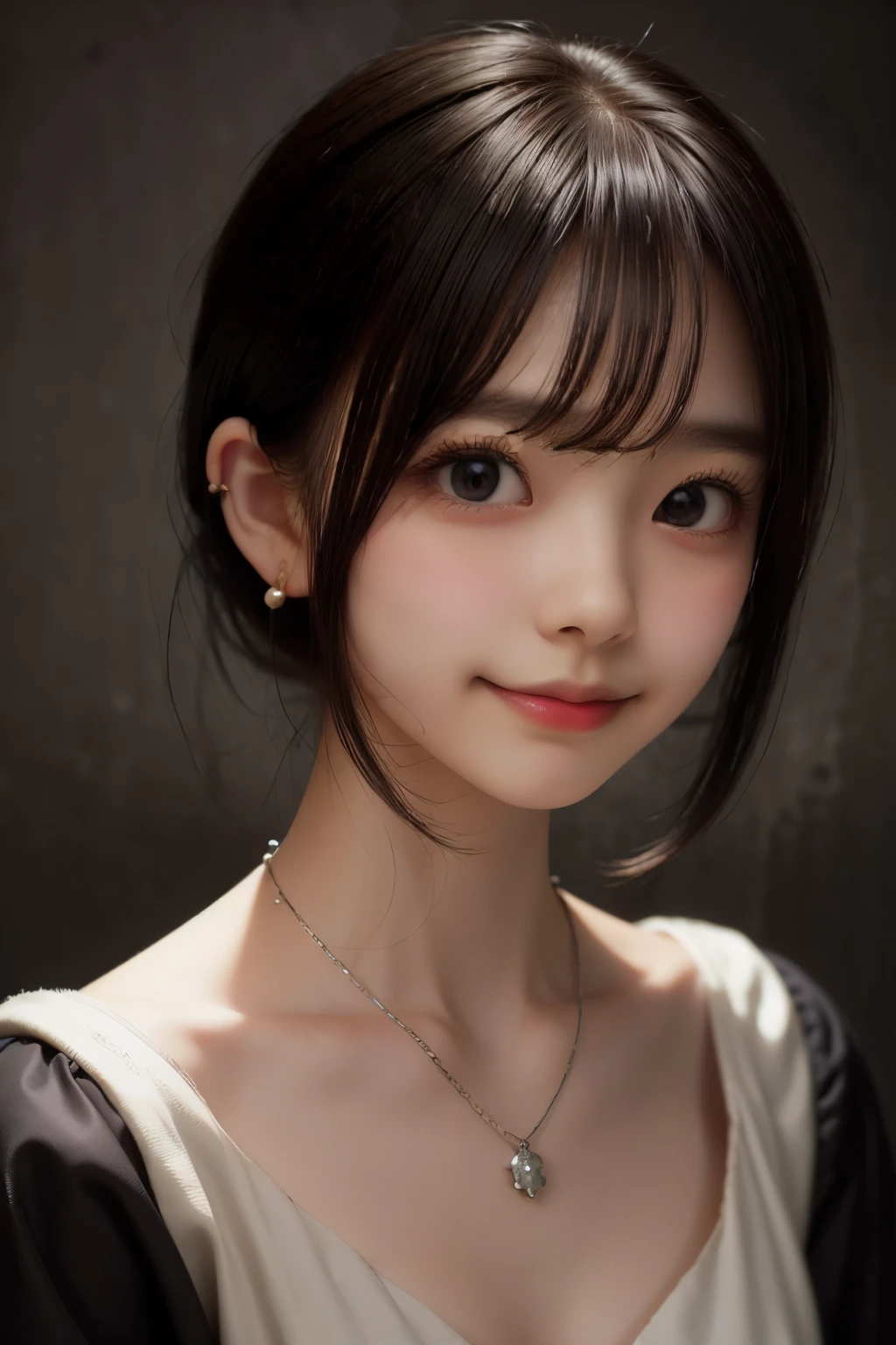 Masterpiece, Top Quality, (Dark Photo: 1.3), Photorealistic, Yuguo, Hanaran, Hanaran, 1 Girl, extra short hair, sidelocks-hair, smiling face, earrings, necklace, 15 years old