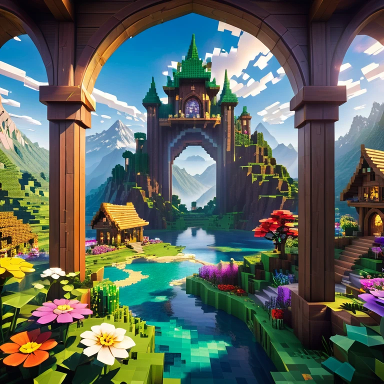 estilo Minecraft (Ultrarealista:1.3), (Disparo lejano a través de un arco etéreo.:1.2) de un (gran cabaña de hadas alta) con ventanas redondas, arte ambientalwork, arte ambiental, (decoraciones elegantes), (río místico), (Hermoso:1.4), (atractivo:1.3), montañas nevadas épicas, naturaleza de verano, bloque, pixelado, Colores vibrantes, (legendario dragón enojado en medio del cielo romántico:1.3), flores