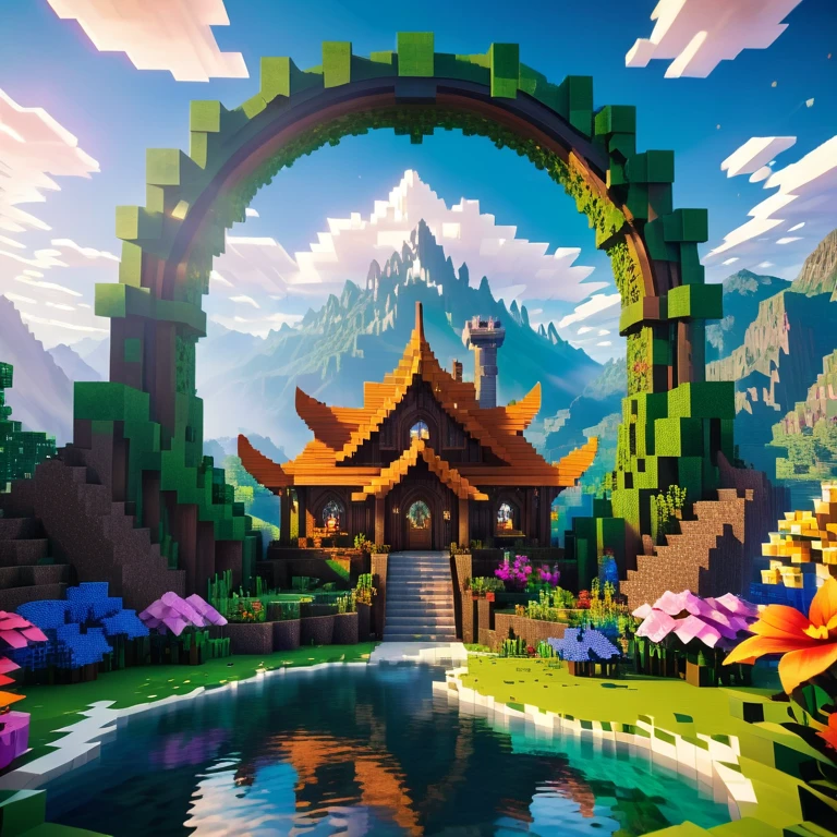 estilo Minecraft (Ultrarealista:1.3), (Disparo lejano a través de un arco etéreo.:1.2) de un (gran cabaña de hadas alta) con ventanas redondas, arte ambientalwork, arte ambiental, (decoraciones elegantes), (río místico), (Hermoso:1.4), (atractivo:1.3), montañas nevadas épicas, naturaleza de verano, bloque, pixelado, Colores vibrantes, (legendario dragón enojado en medio del cielo romántico:1.3), flores