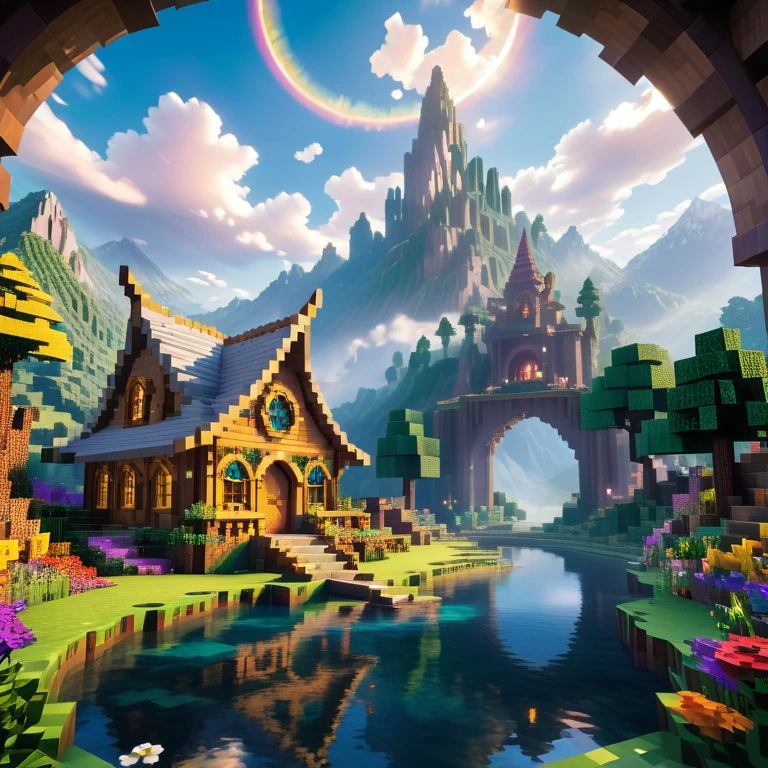 Minecraft style (Ultrarealistic:1.3), (distant shot through an ethereal arc:1.2) of a (big tall fairy cabin) with round windows, environmental artwork, environmental art, (elegant decorations), (mystical river), (beautiful:1.4), (attractive:1.3), epic snowy mountains, summer nature, blocky, pixelated, vibrant colors, (legendary angry dragon amidst the romantic sky:1.3), flowers