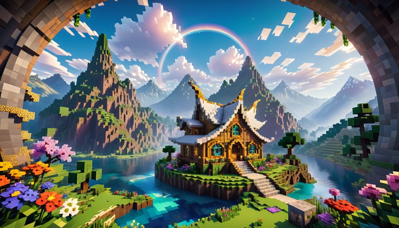 Minecraft style (Ultrarealistic:1.3), (distant shot through an ethereal arc:1.2) of a (big tall fairy cabin) with round windows, environmental artwork, environmental art, (elegant decorations), (mystical river), (beautiful:1.4), (attractive:1.3), epic snowy mountains, summer nature, blocky, pixelated, vibrant colors, (legendary angry dragon amidst the romantic sky:1.3), flowers