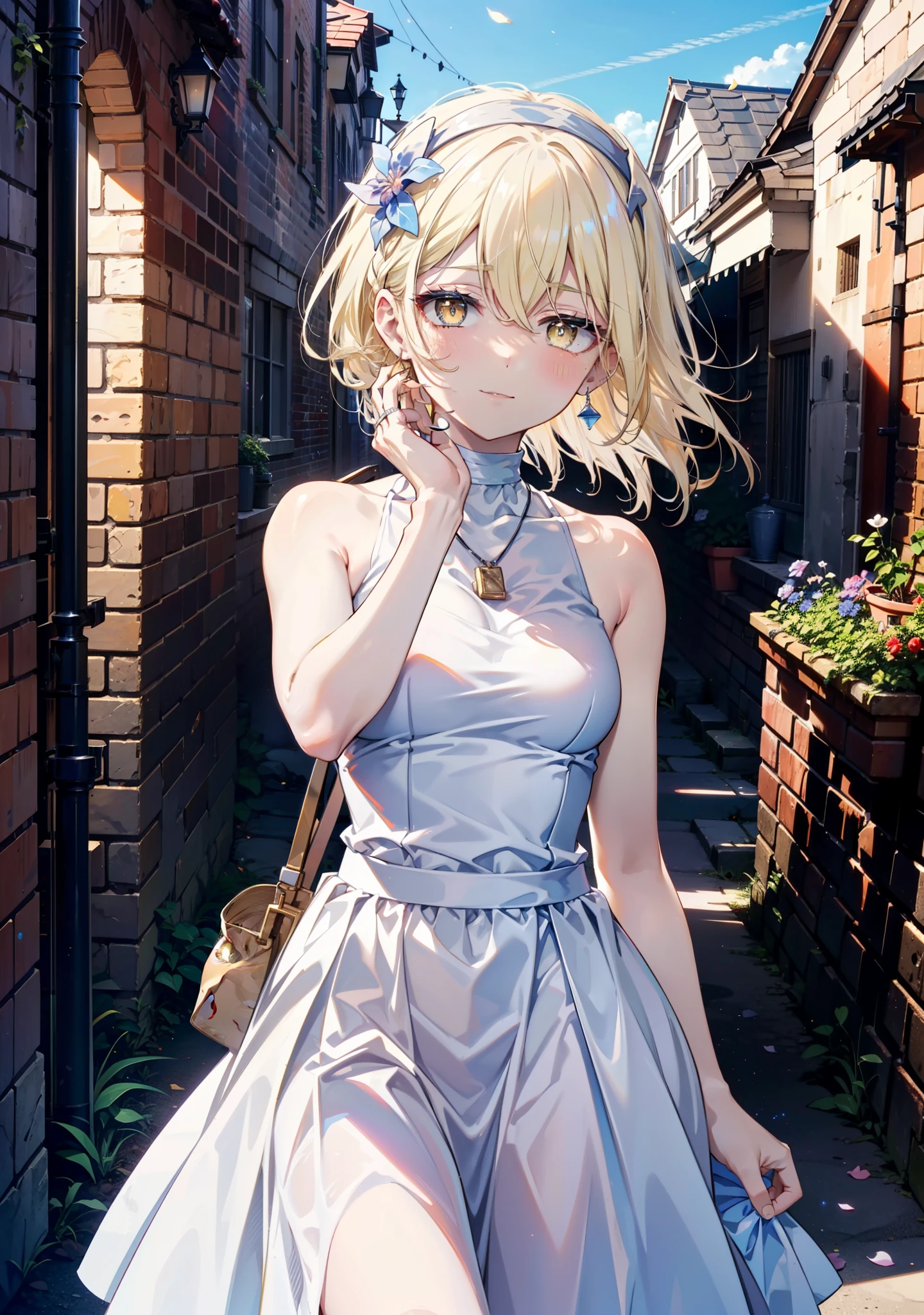 アイスWallenstein, Wallenstein, blonde, Hair between the eyes, hair band, Long Hair, (Yellow Eyes:1.5),happy smile, smile, Close your mouth,smile,blush,White sleeveless dress,Bare arms,Bare neck,Heart Pendant,Long skirt,Cute Sandals,Clear skies,歩いてるbreak looking at viewer,(Cowboy Shot:1. 5) break outdoors,Building district,In town, break (masterpiece:1.2), highest quality, High resolution, unity 8k wallpaper, (shape:0.8), (Beautiful and beautiful eyes:1.6), Highly detailed face, Perfect lighting, Highly detailed CG, (Perfect hands, Perfect Anatomy),