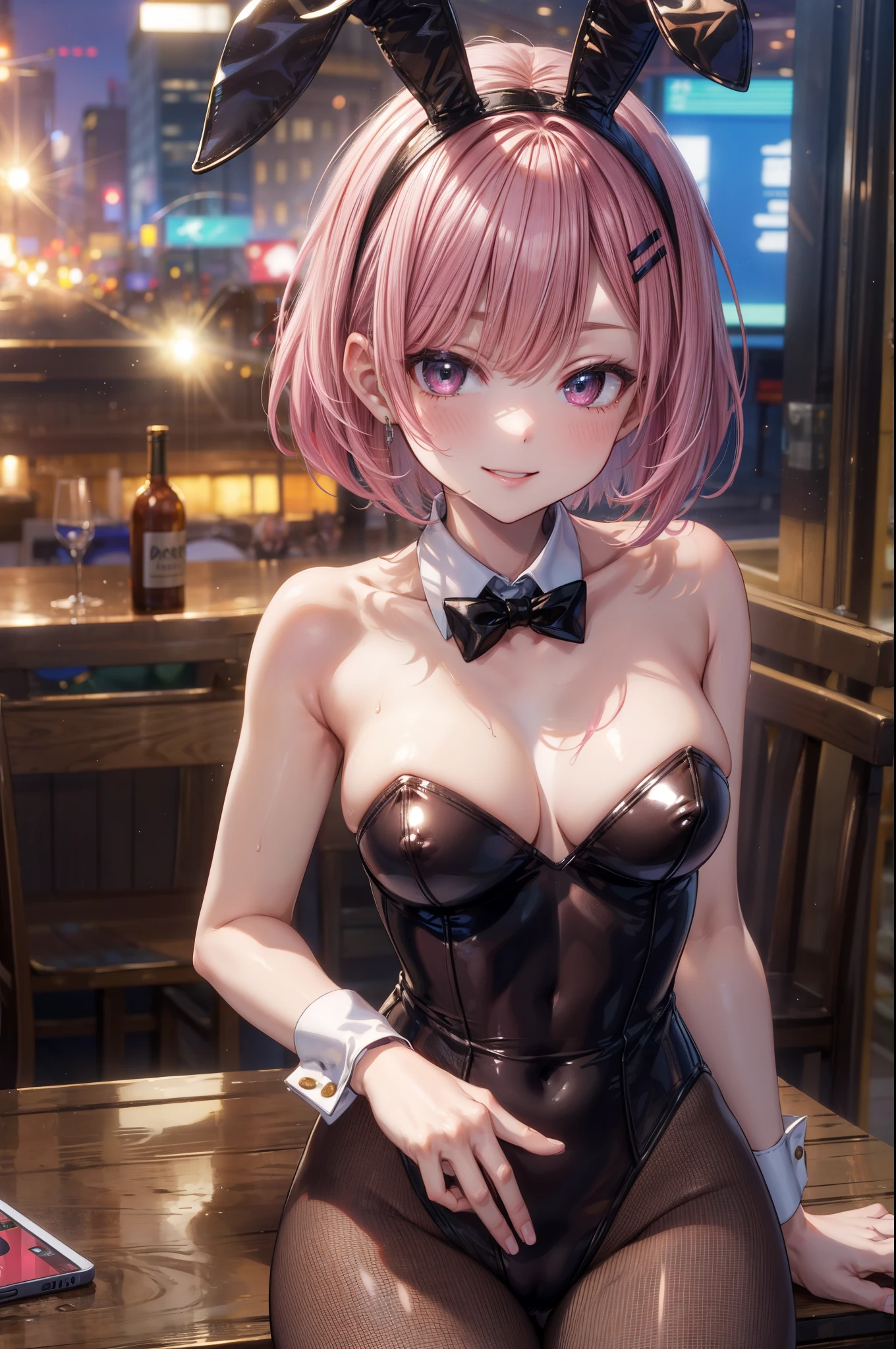 ((playboy bunny)), 4 defined fingers, 1 defined thumb, looking at viewer, solo, 1 woman, 25 years old, AI generated, highest quality, masterpiece, skindentation, perfect face, 8k , cowboy shot, short hair, (pink hair1.5), bob cut, black eye, smile, thin thighs, medium breasts, perfect limbs, sexy, (visible nipples:0.9), (camel toe:0.5), (sit), pantyhose, standing, (close up), upper body,
