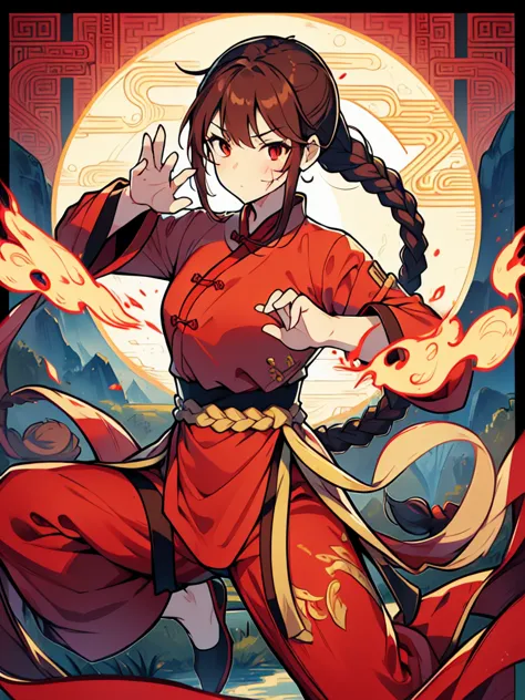 lei kugo live a live, qipao, chinese clothes, traditional clothes, action pose, full body, brown hair, braided hair, scars on fa...