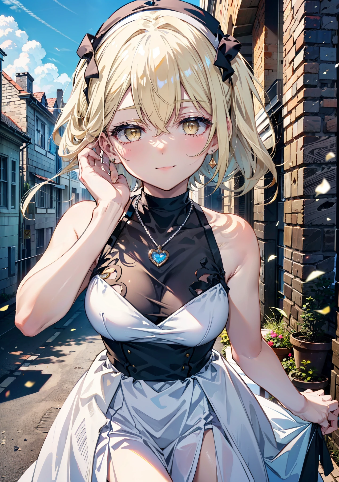 アイスWallenstein, Wallenstein, blonde, Hair between the eyes, hair band, Long Hair, (Yellow Eyes:1.5),happy smile, smile, Close your mouth,smile,blush,White sleeveless dress,Bare arms,Bare neck,Heart Pendant,Long skirt,Cute Sandals,Clear skies,歩いてるbreak looking at viewer,(Cowboy Shot:1. 5) break outdoors,Building district,In town, break (masterpiece:1.2), highest quality, High resolution, unity 8k wallpaper, (shape:0.8), (Beautiful and beautiful eyes:1.6), Highly detailed face, Perfect lighting, Highly detailed CG, (Perfect hands, Perfect Anatomy),