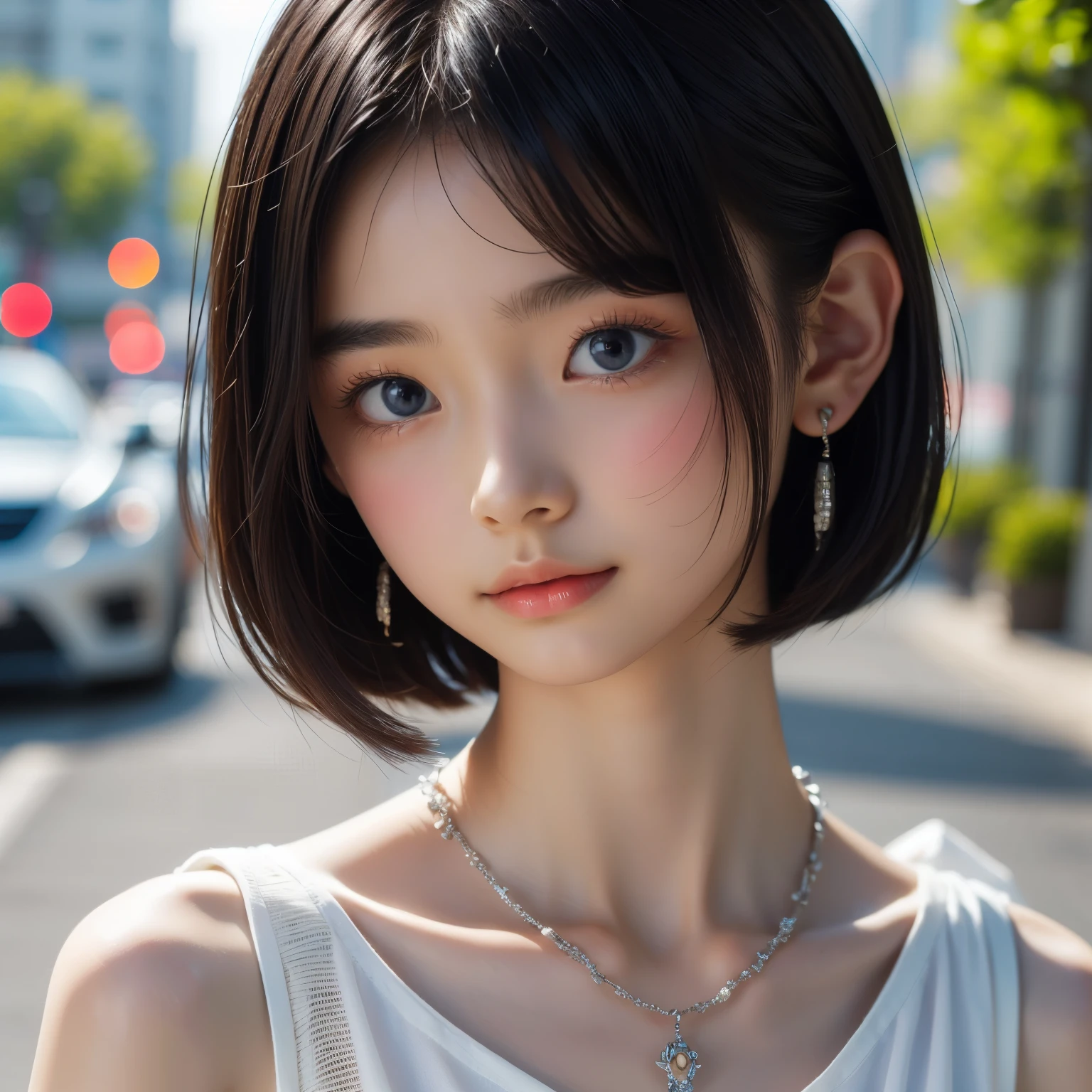 Masterpiece, Top Quality, (clear Photo: 1.3), Photorealistic, Yuguo, Hanaran, Hanaran, 1 Girl, extra short hair, sidelocks-hair, earrings, necklace, 