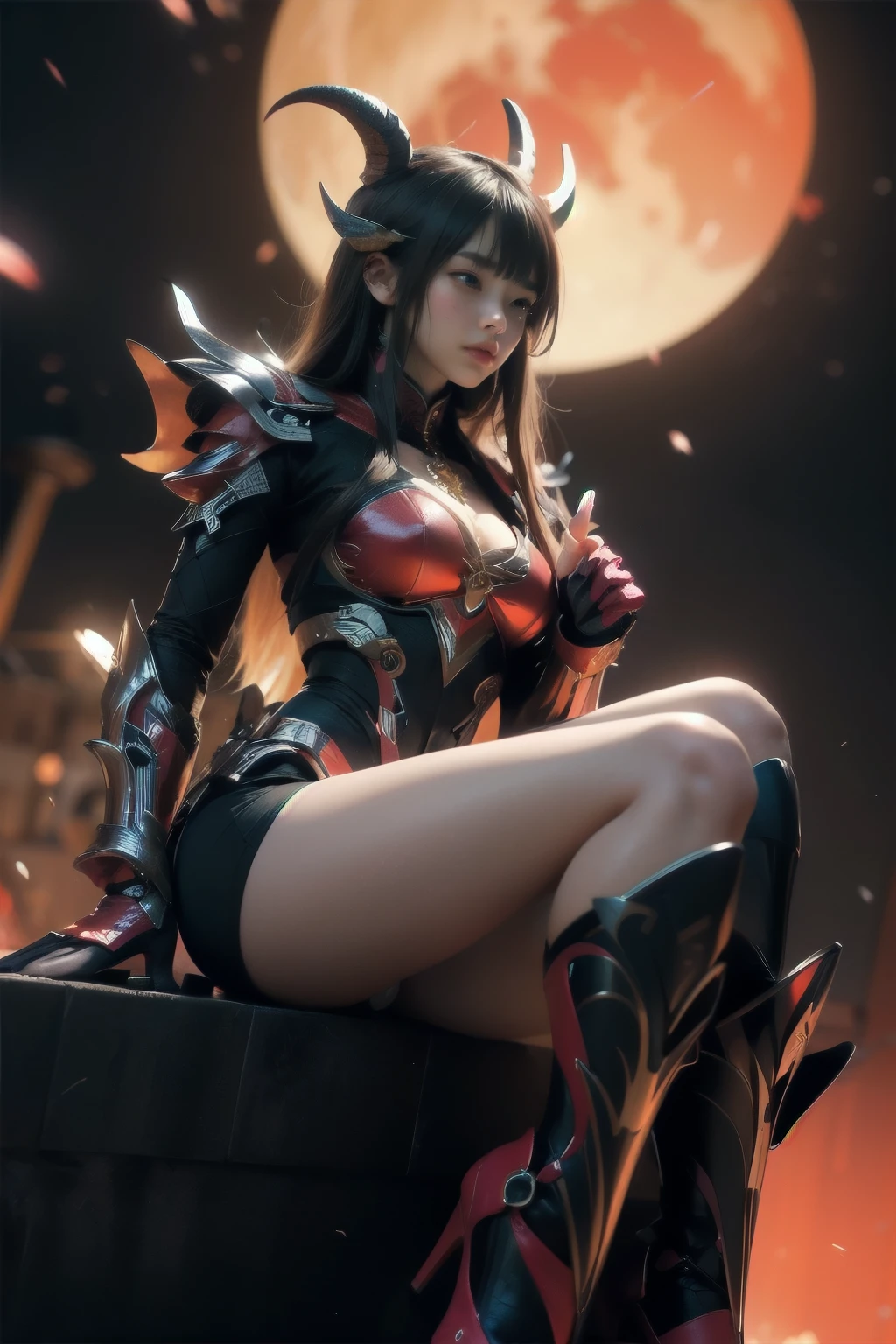(model pose, K-POPアイドル), Cyborg Girl、Horned demon with bright red wings falling from the sky, (RAW Photos), Beautiful effect, Vibrant colors, The body is made of dragon scales,  Ryujin&#39;s、Ray Tracing, Tabletop, highest quality, super high quality, Absurd detailed, (The best light), (Best Shadow), sharp, Clear images, detailed, Very detailed, High resolution, 8K, 4K, Hmph, Volumetric, detailed black armor, (Particle Effects), Creative images with machine edited backgrounds、Our bodies are made of machines、Our bodies are made of machines、beautiful, very detailed porcelain woman in profile、cyborg、Robot parts、150mm、Beautiful soft studio light、Rim Light、Vividly detailed、Gorgeous Cyberpunk、Ren Hao、surreal、Anatomical、NSFW Girl、cable, wire, Microchip、elegant、Beautiful background、Big Red Full Moon、AI-generated paintings by Sea Art、It depicts a fascinating image of yin and yang..., (highest quality, Exquisite design, The The best lighting, Better shading).High heels、Angle from below the knee、anklet、Red background on red moon background、Red eyes、The flame that Burns everything、disaster々Burn、disaster々Emitting an aura、