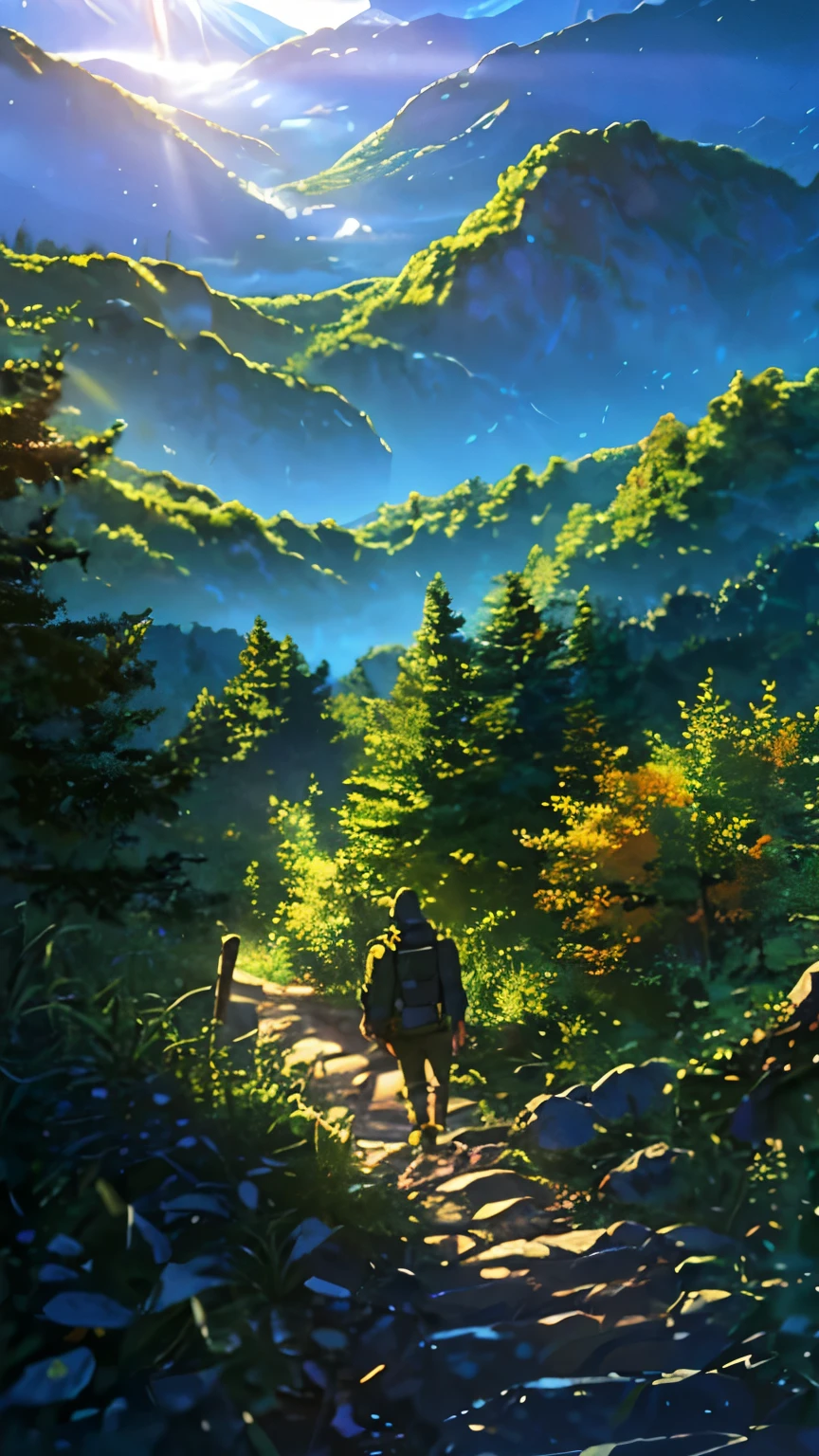 A rugged mountain trail winds its way up a steep slope, disappearing into a dense forest canopy. Sunlight filters through the leaves, dappling the path with patches of golden light. A hiker, clad in sturdy boots and a backpack, pauses midway, gazing out at the breathtaking vista below. The distant peaks are shrouded in mist, hinting at the challenges and adventures yet to come. In the hiker's hand is a weathered map, marked with trails yet to be explored and destinations waiting to be discovered.