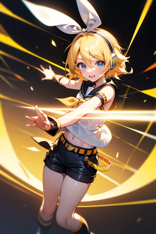 8k,wallpaper of extremely detailed CG unit, ​masterpiece,hight resolution,top-quality,top-quality real texture skin,hyper realisitic,increase the resolution,RAW photos,best qualtiy,highly detailed,the wallpaper,cinematic lighting,ray trace,golden ratio, BREAK ,Kagamine Rin\(vocaloid\),solo,1girl,cute,kawaii,big smile,hair floating,blue eyes,big eyes,blonde hair,short hair, number tattoo,white bow,white shirt,detached black sleeves,belt,sailor collar,headphones,black shorts,black leg warmers,at stage,singing and dancing,please generate hand correctly when generating hand,joyful,cute pose,dynamic pose,dynamic angle