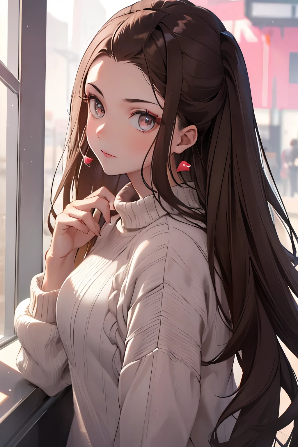 Girl, long soft brown hair, dark gray eyes, sharp features, white skin, pink lips, sweater