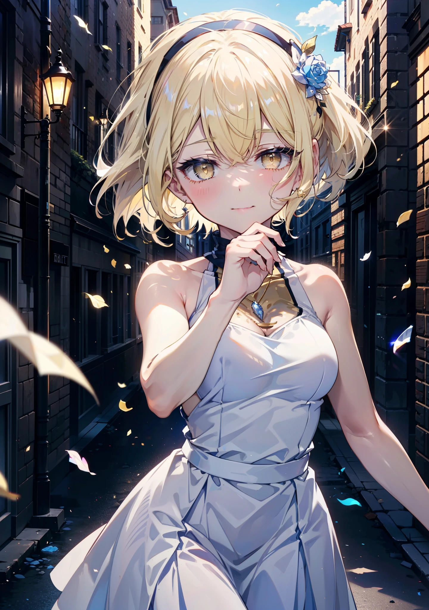 アイスWallenstein, Wallenstein, blonde, Hair between the eyes, hair band, Long Hair, (Yellow Eyes:1.5),happy smile, smile, Close your mouth,smile,blush,White sleeveless dress,Bare arms,Bare neck,Heart Pendant,Long skirt,Cute Sandals,Clear skies,歩いてるbreak looking at viewer,(Cowboy Shot:1. 5) break outdoors,Building district,In town, break (masterpiece:1.2), highest quality, High resolution, unity 8k wallpaper, (shape:0.8), (Beautiful and beautiful eyes:1.6), Highly detailed face, Perfect lighting, Highly detailed CG, (Perfect hands, Perfect Anatomy),