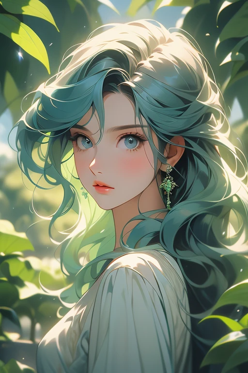 una pintura digital de una mujer con cabello castaño largo y ondulado, ojos verdes, una joven noble del siglo XIX , recursos suaves, vestido azul marino, en un jardín, estilo retrato