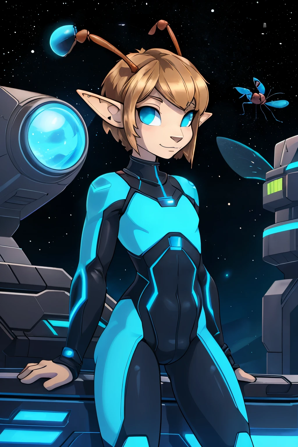 (Cute elf tomboy), Tomboy, pretty face, space station background, thin body, slim, fit, tron bodysuit, very short hair, dark blonde hair, (brushed back hair, forehead), blue eyes, forehead, flat chested, anthro bug, (Ant Antenna:1.5)