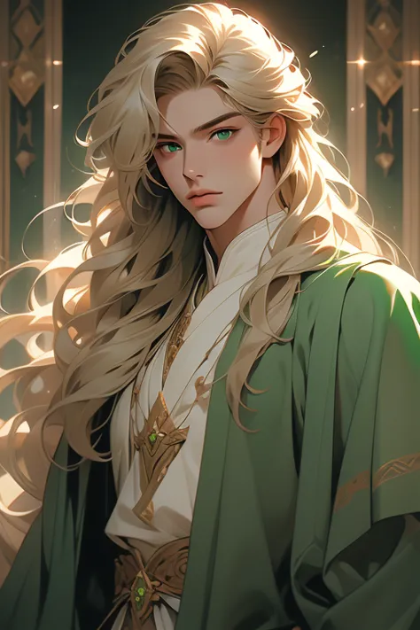 handsome masculine man, green eyes, ash blond hair, shoulder length long hair, green medieval noble clothes, light skin