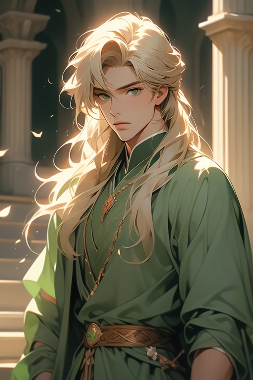 handsome masculine man, green eyes, ash blond hair, shoulder length long hair, green medieval noble clothes, light skin