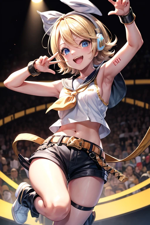 8k,wallpaper of extremely detailed CG unit, ​masterpiece,hight resolution,top-quality,top-quality real texture skin,hyper realisitic,increase the resolution,RAW photos,best qualtiy,highly detailed,the wallpaper,solo,1girl,cute,kawaii,big smile,hair floating,blue eyes,big eyes,blonde hair,short hair, number tattoo,(white bow:1.6),white shirt,detached black sleeves,belt,sailor collar,headphones,black short pants,black leg warmers,at stage,singing and dancing,(please generate hand correctly when generating hand:1.4),joyful,cute pose,dynamic pose,dynamic angle,two legs,please draw hand very correctly when drawing hands,