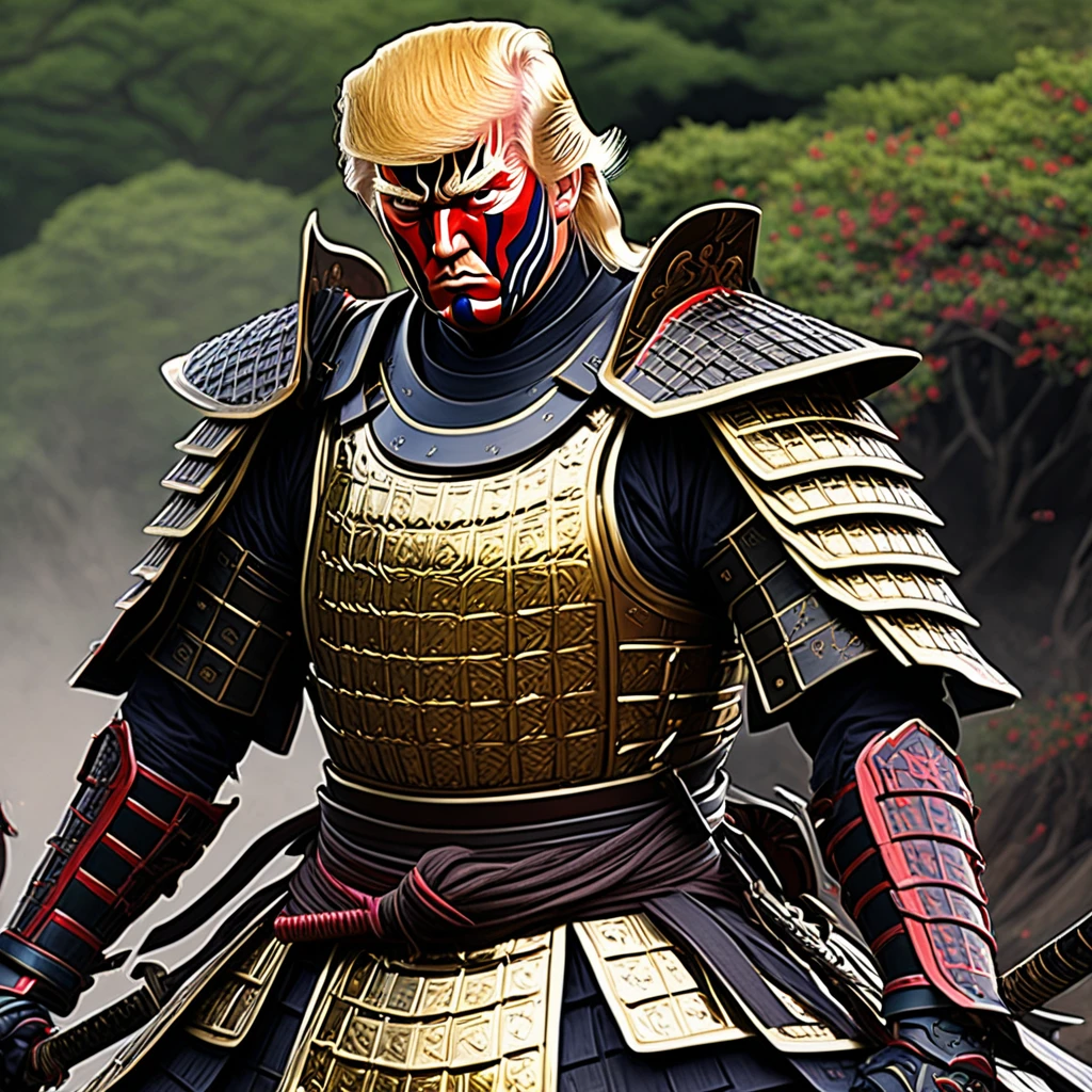 (detailed portrait,4k),Donald Trump as a Samurai,handsome face,strong expression,confident pose,American colored armor,stylized samurai helmet,elegant katana,exquisite details,long flowing hair,sharp eyes,powerful body,slaying the demons of the Democrat with a fierce attack,glorious victory,fire in the background,vibrant colors,rays of sunlight,impressive samurai stance,heroic silhouette,artistic portrayal,photorealistic rendering,vivid colors,perfect lighting,meticulous craftsmanship,visual masterpiece