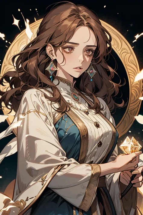 the old woman of the wizard of light, , long side-swept bangs wavy light brown hair, crystal eyes, ethnic earrings, fashion out ...