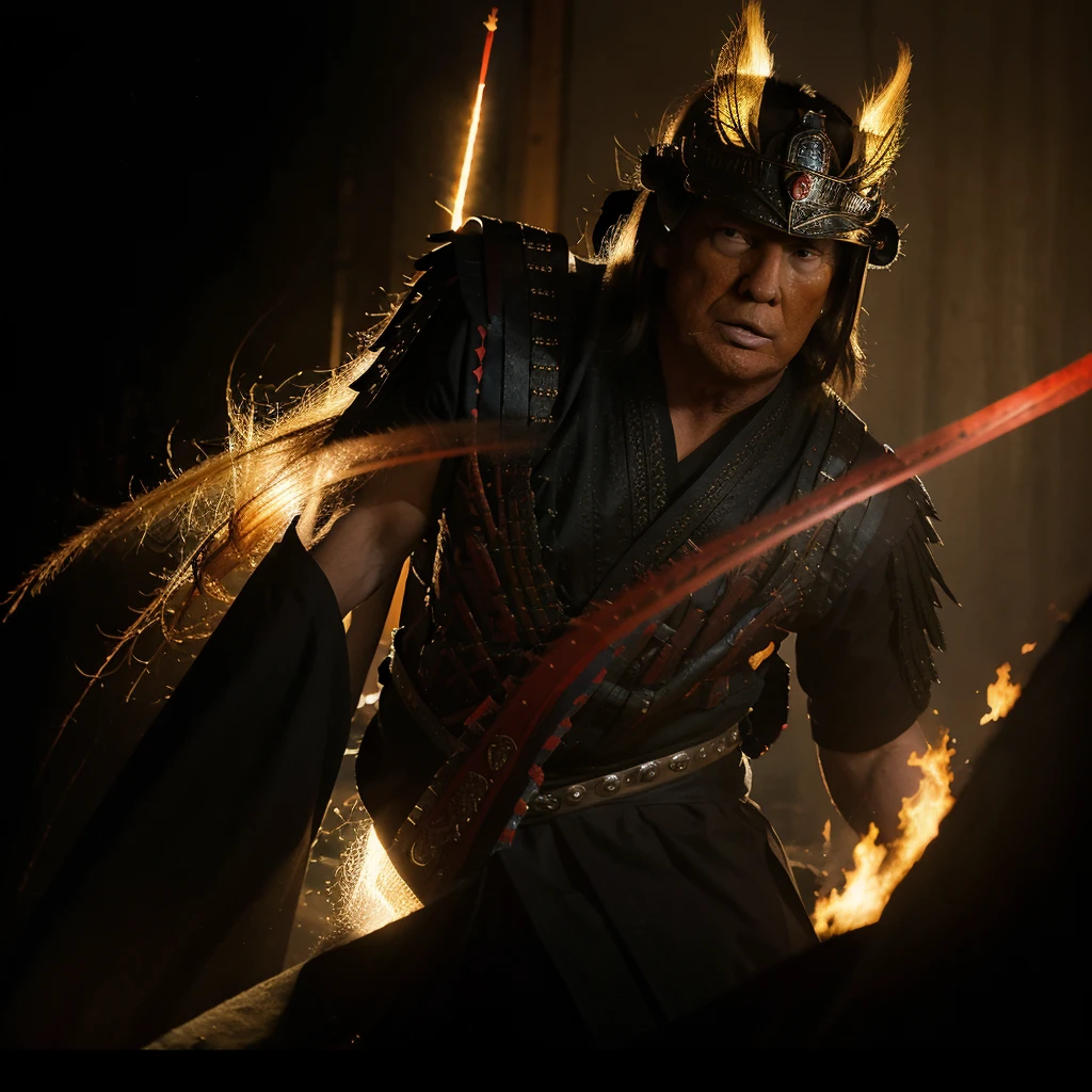 (detailed portrait,4k),Donald Trump as a Samurai,handsome face,strong expression,confident pose,American colored armor,stylized samurai helmet,elegant katana,exquisite details,long flowing hair,sharp eyes,powerful body,slaying the demons of the Democrat with a fierce attack,glorious victory,fire in the background,vibrant colors,rays of sunlight,impressive samurai stance,heroic silhouette,artistic portrayal,photorealistic rendering,vivid colors,perfect lighting,meticulous craftsmanship,visual masterpiece