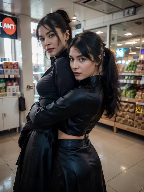 proFessional  photograph oF a gorgeous sadic happy flirting smiling Bettie page girl and  her smiling  sister, ((inside a supermarket , grabbing her from behind, she was bad and she deserve it, searching stuff on her dress,)dressed with a large black cloth...