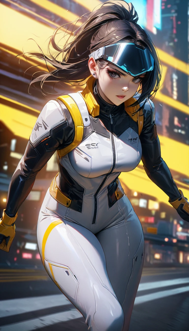 (yellow cyberpunk speed tactical suit:1) (1woman) dark theme :: focus on closeup face, serious face, cibetic visor, :: medium black hair, thick thighs :: ultra realistic futuristic speedster scifi cyberpunk athletic woman, black eyes, ((running in the middle of the street with yellow rays, cyberpunk, shadowrun, scifi high tech cyberpunk)) :: cool cyberpunk yellow speed combat suit :: natural lighting :: bokeh :: 8k ::  best quality :: masterpiece :: insanely detailed:1.5