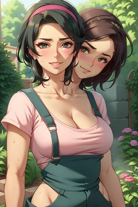 2heads, a tall thin woman with two heads. She is outside in a garden, she is gardening. She is very tall. She is very skinny. Sh...
