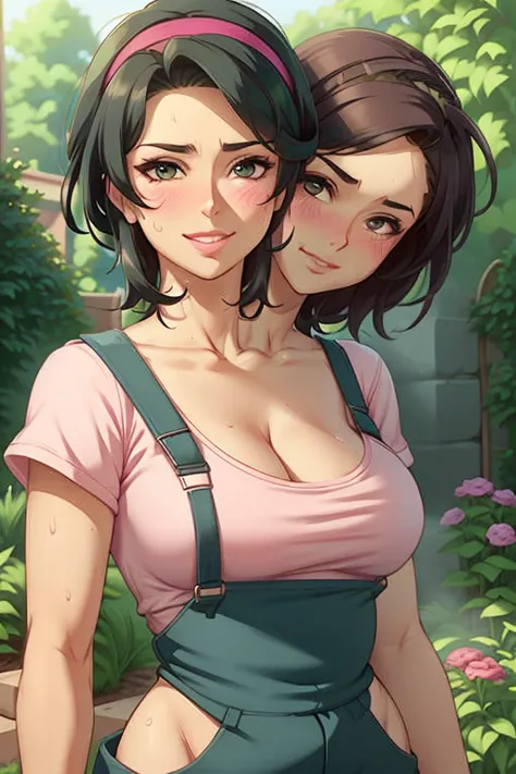 2heads, a tall thin woman with two heads. she is outside in a garden, she is gardening. she is very tall. she is very skinny. sh...