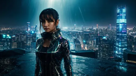 at the top of a skyscraper, a chuva cai incessantemente, creating a glowing veil over the cyberpunk city. the view is dominated ...