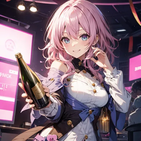 Smiling, pink hair, holding champagne