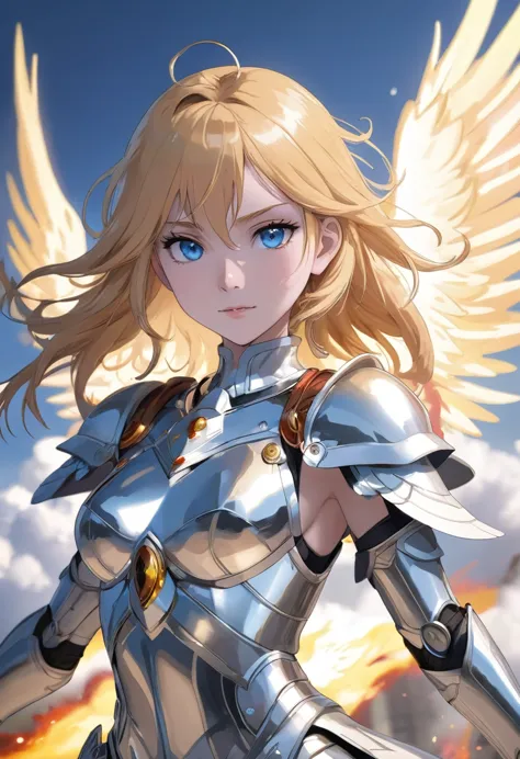 rpg fantasy, angel, straight golden hair, light blue eyes, gentle smile, angelic androgynous face, slender body, silver metallic...