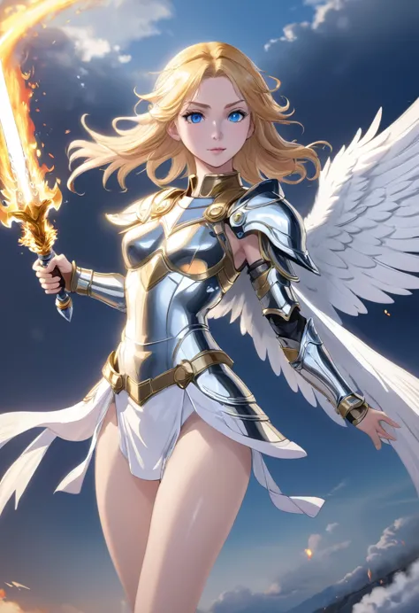 RPG fantasy, angel, straight golden hair, light blue eyes, gentle smile, angelic androgynous face, slender body, silver metallic...