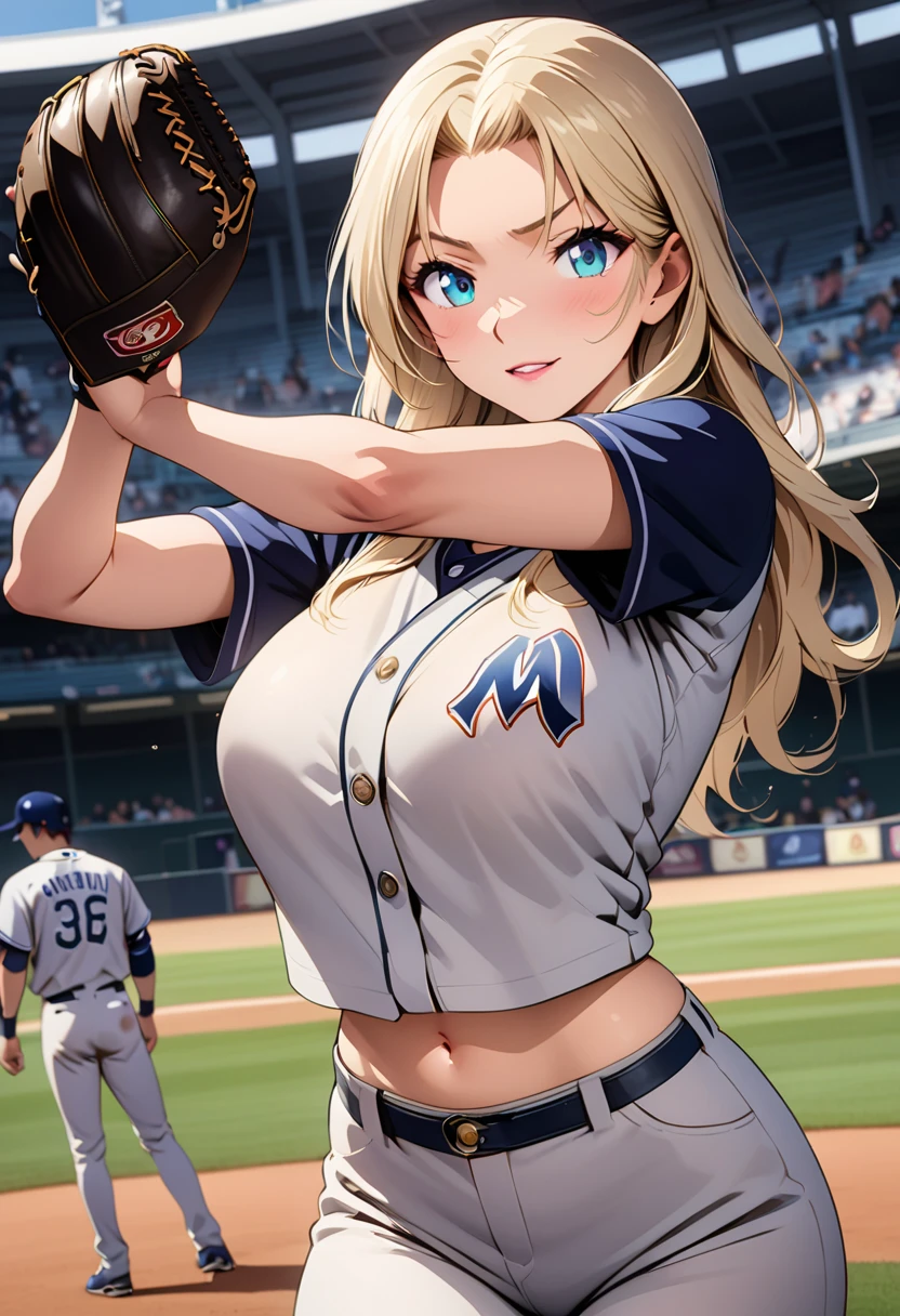 Female baseball player pitching，Batting dynamics，Correct ergonomics（1.5），masterpiece，top quality，Ultra wide-angle lens（1.5)（Realistically，Realistically：1.4），（original photo：1.4），Very beautiful CG unity 8k wallpaper，Very delicate and beautiful，Mann pays attention to detail，official art，beautiful eyes and face（1.5），Beautiful and delicate eyes，There is light on the face，A mature beauty，Long blond hair，（Pompom）navel，upper body，Baseball uniform，He wears baseball gloves on his hands， Baseball field，Anime style